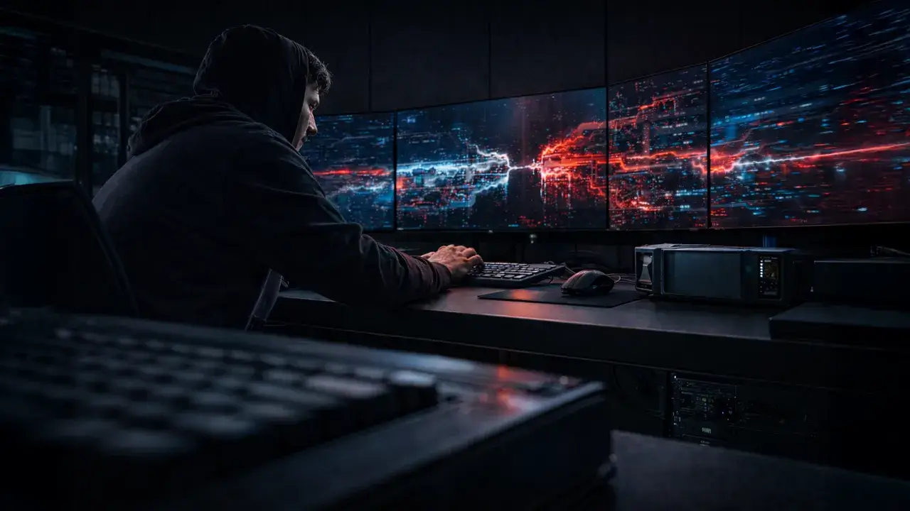 Hooded operator at a dark workstation monitoring a red digital breach across wide screens, reflecting a major DeFi exploit that triggered bank-run-style withdrawals from the market