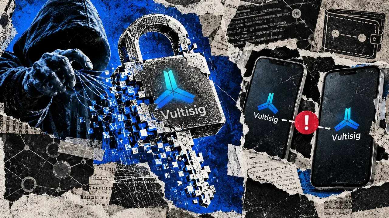 Editorial collage showing a fractured Vultisig padlock, an obscured attacker, two wallet devices, and a red security warning.