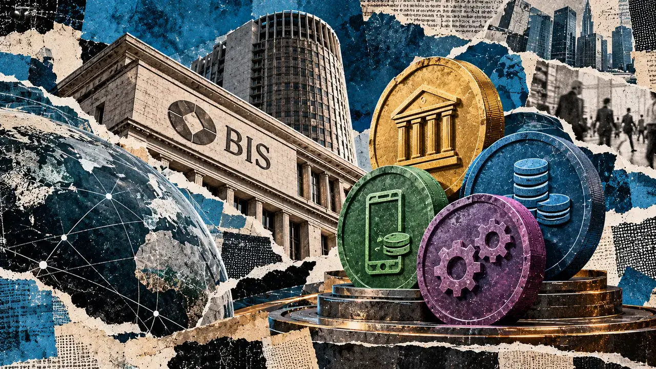 BIS building behind financial tokens representing banking, digital payments, settlement infrastructure, and oversight.