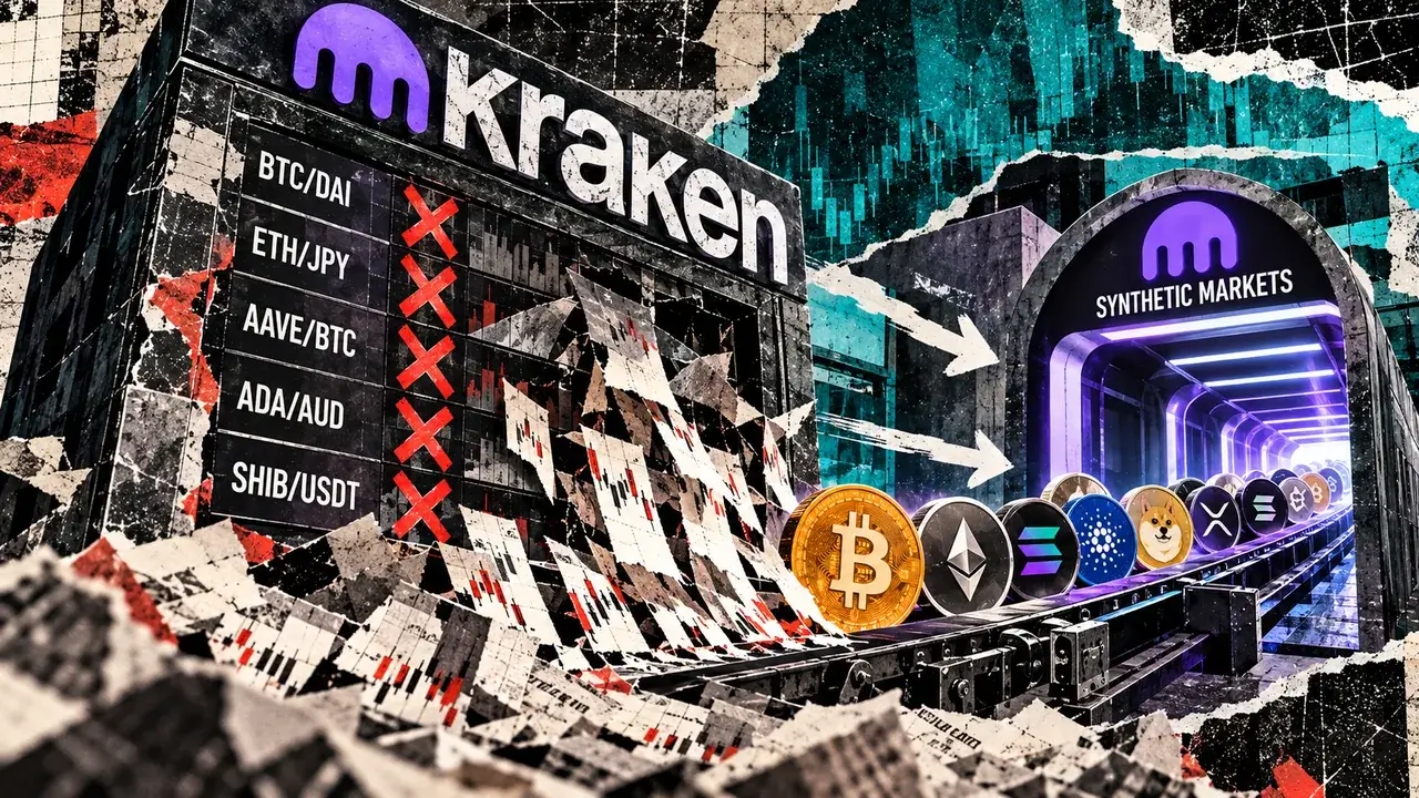 Editorial collage showing Kraken trading pairs crossed out beside crypto assets moving toward a synthetic-market gateway